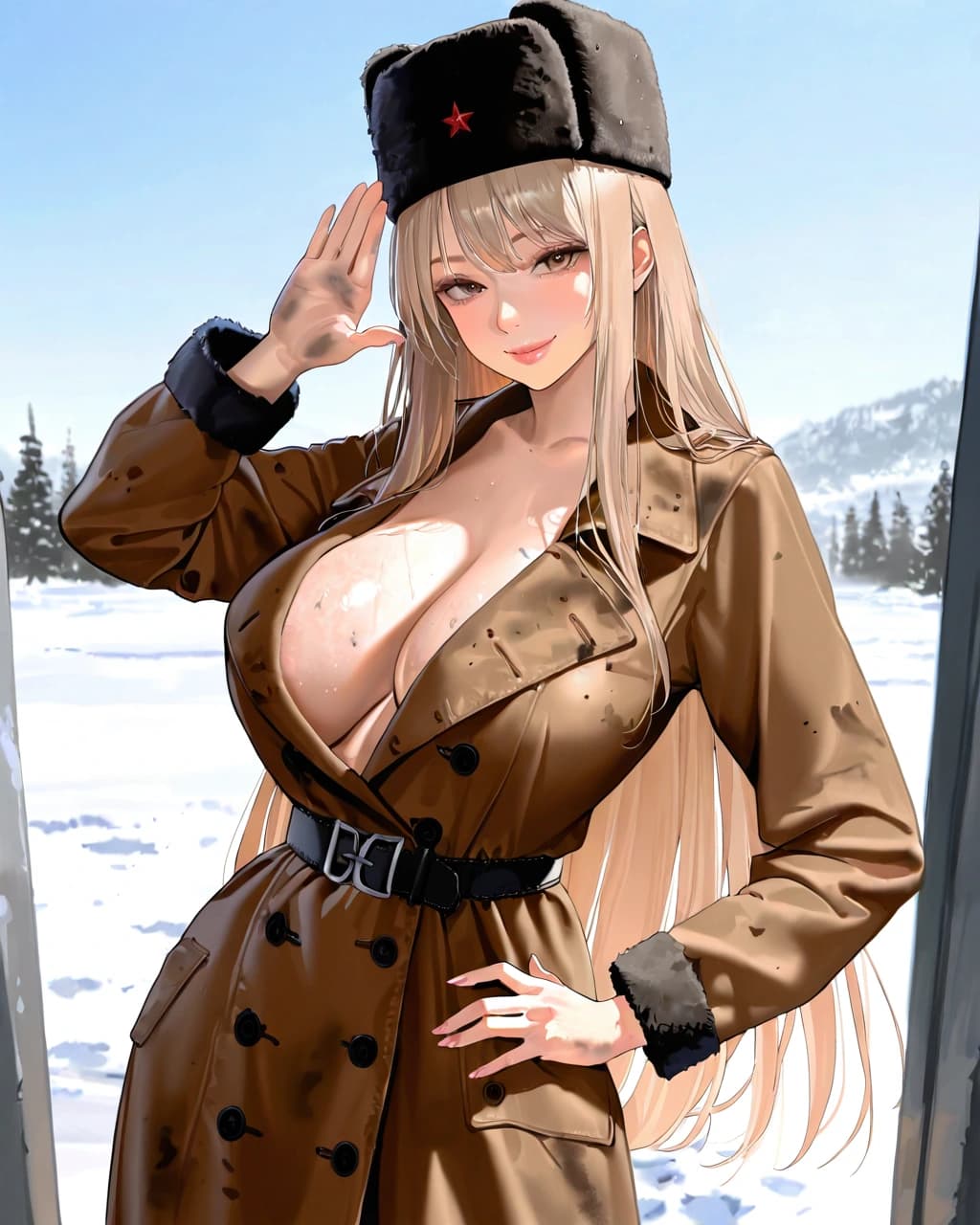 AI-generated anime adult character with smiling expression and straight hair in a snowy scene with coat